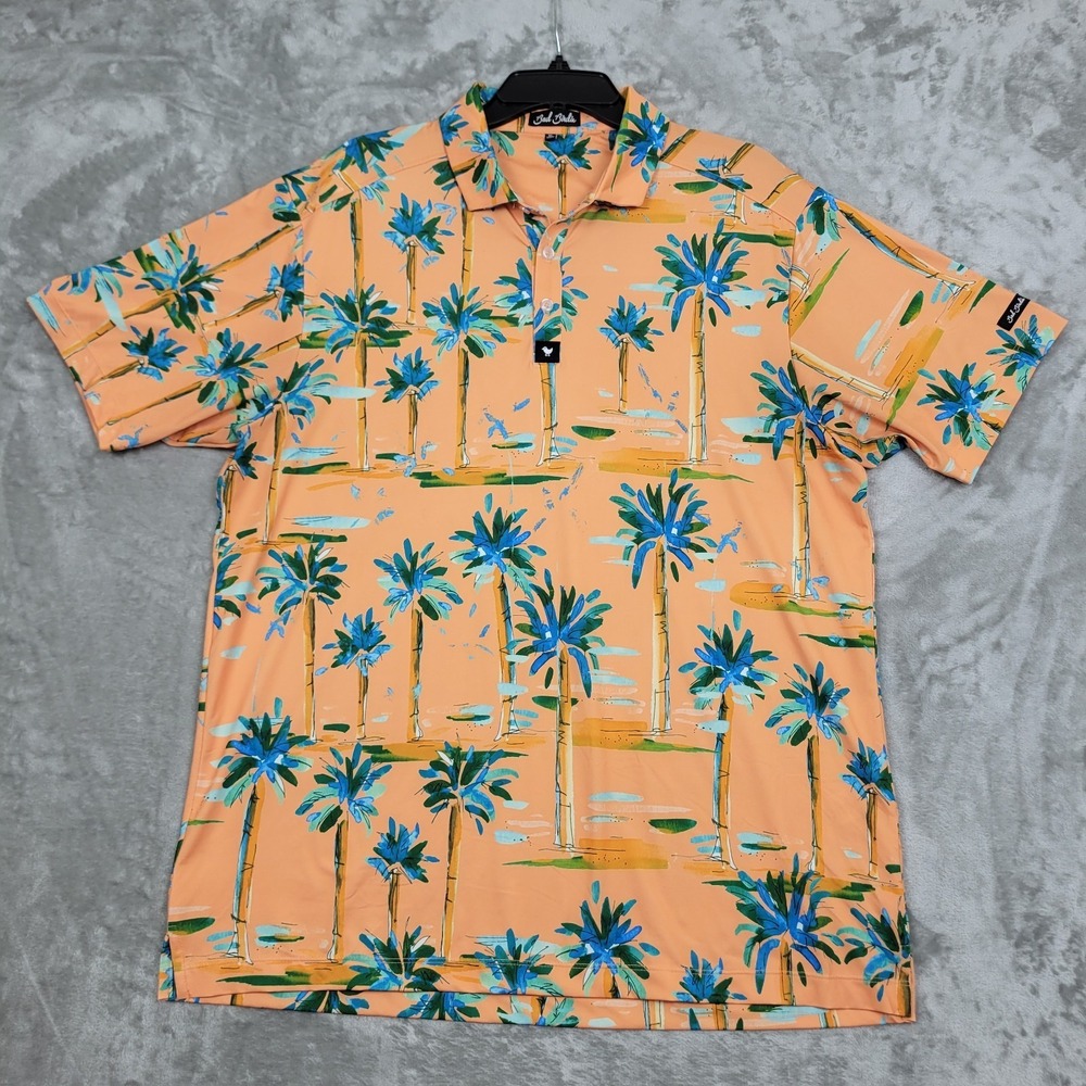 Bad Birdie Polo Shirt Men's XL Orange Palm Tree Print‎ Golf Performance Stretch